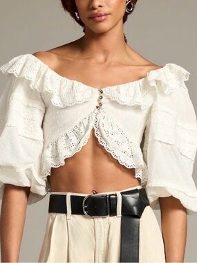 Farm Roo White Eyelet Ruffle Off-Shoulder Cropped Top
